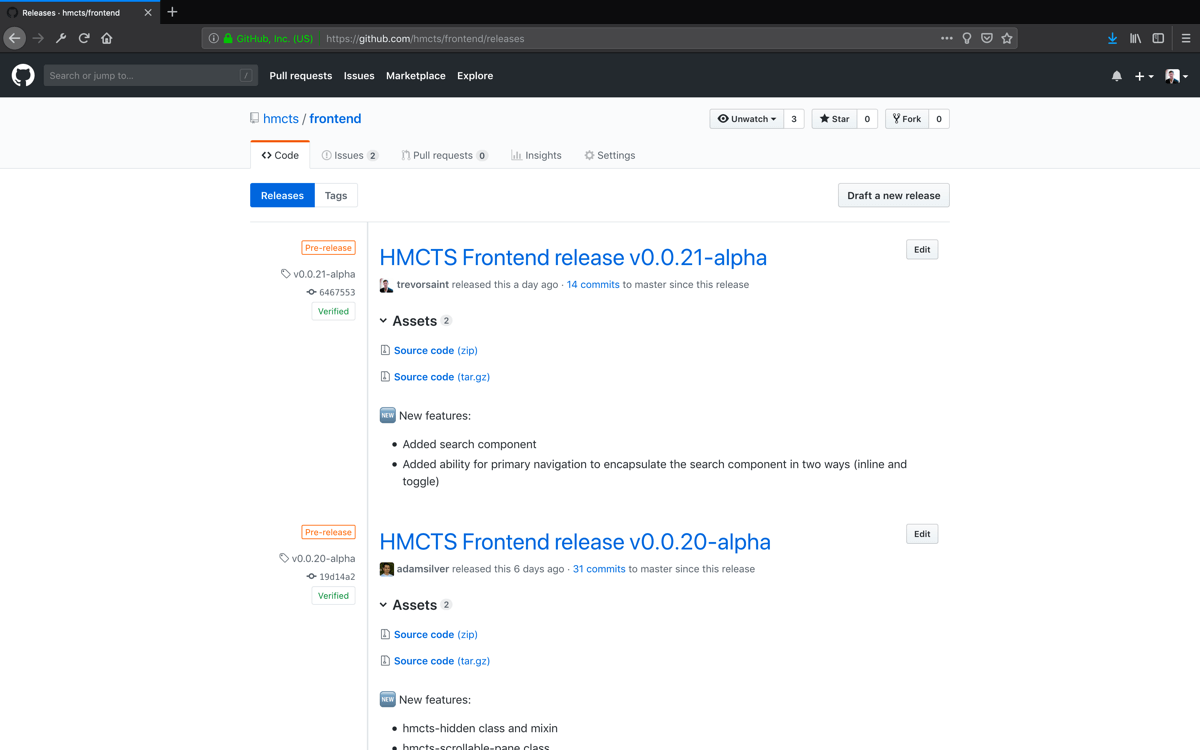 HMCTS Frontend releases on GitHub