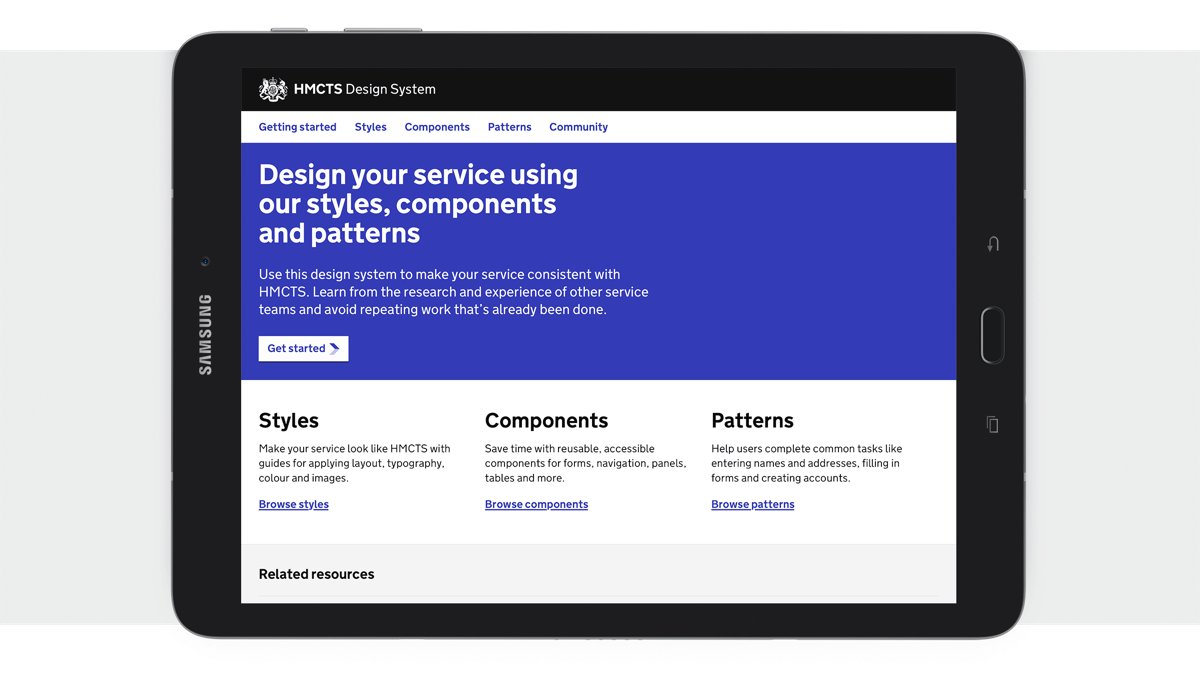 HMCTS Design System visual inside Samsung tablet device
