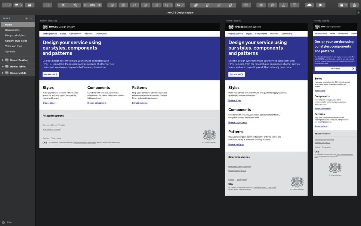 HMCTS Design System home page example showing desktop, tablet and mobile version of the design