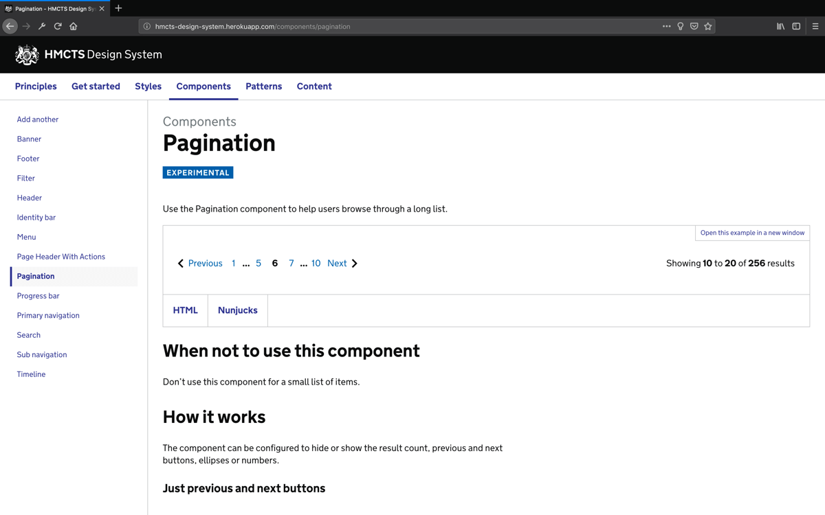 HMCTS Design System pagination component example