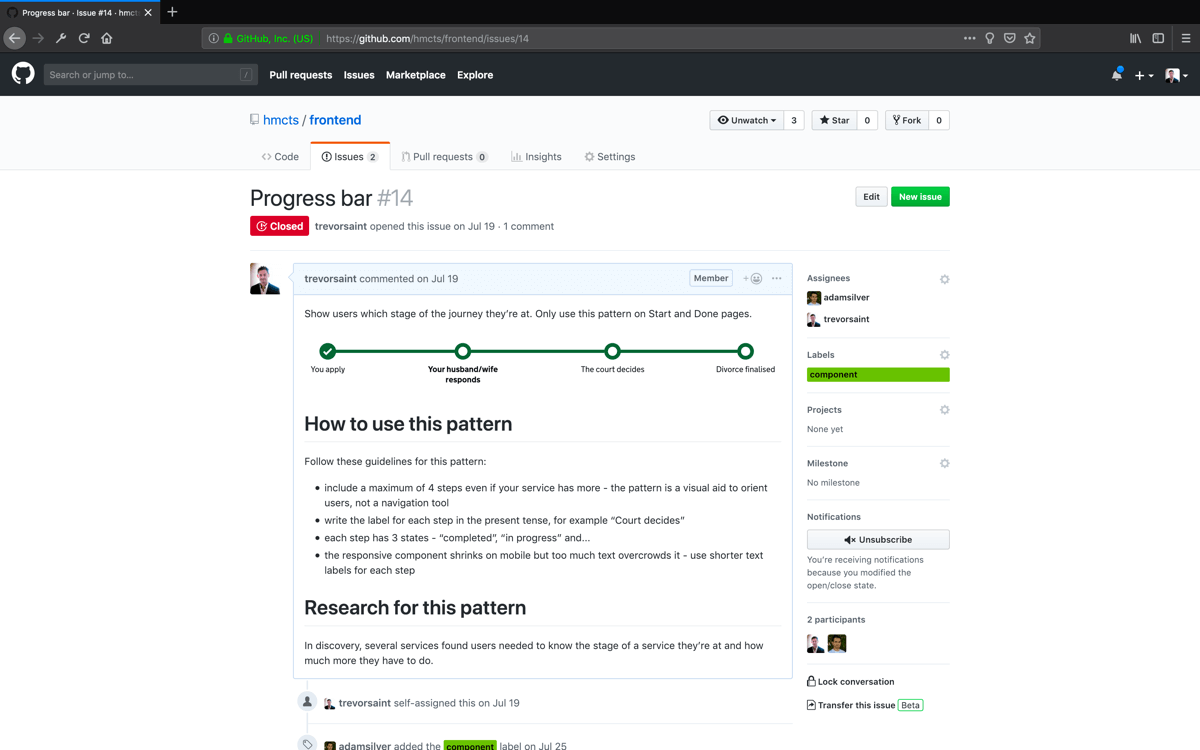 HMCTS Design System collaboration on GitHub about the progress bar used in the GOV.UK divorce service