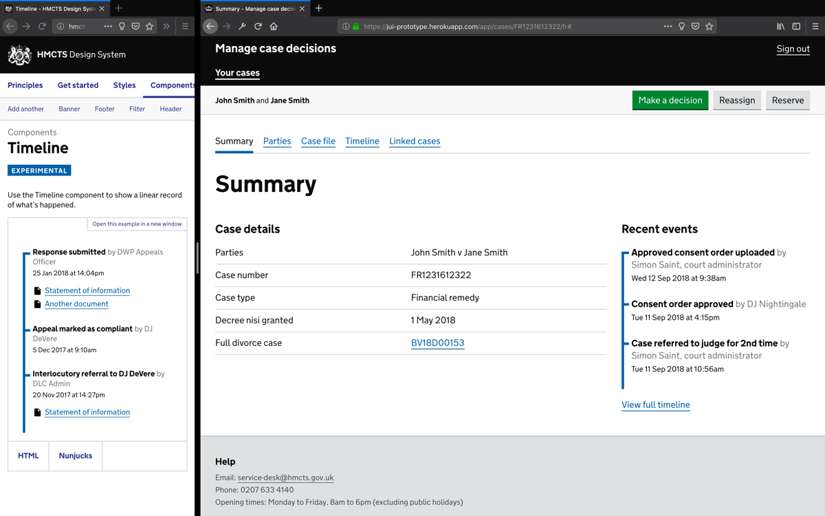 HMCTS Design System timeline component being used in a service for Judicial case manager