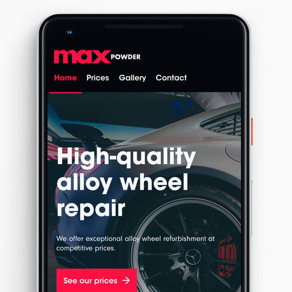 How the Max Powder website looks on a Google Pixel mobile device
