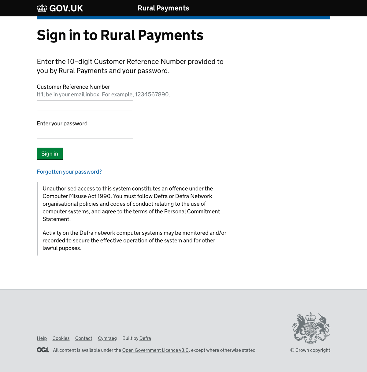 Rural Payments sign in screen