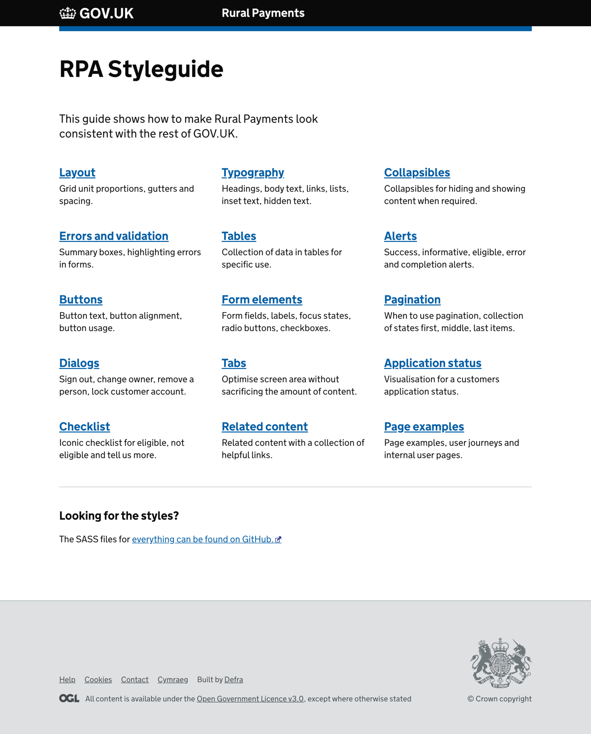 Rural Payments Styleguide screen
