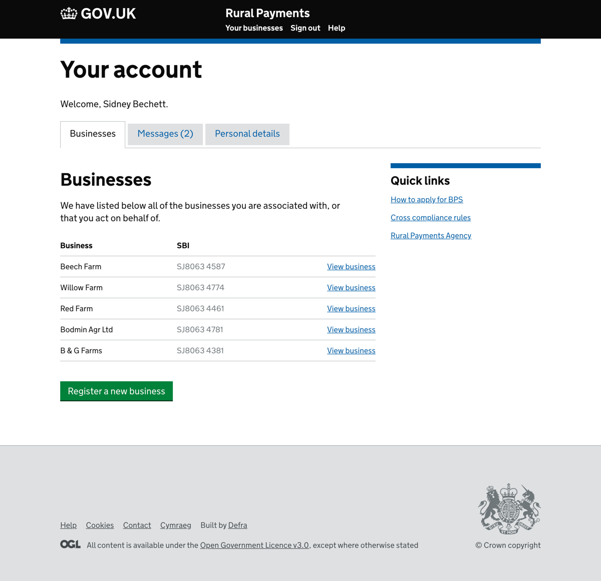 Your account showing businesses, messages and personal details screen